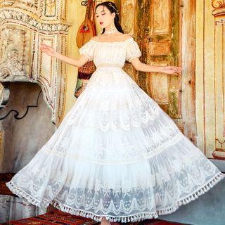 Off-shoulder Short-sleeve Maxi A-line Dress