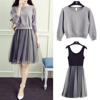 Set: Plain Sweater + Sleeveless Sheer Panel Dress