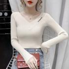 Letter Embroidered Ribbed Knit Sweater