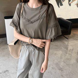 Ruffle-sleeve Lace-trim T-shirt