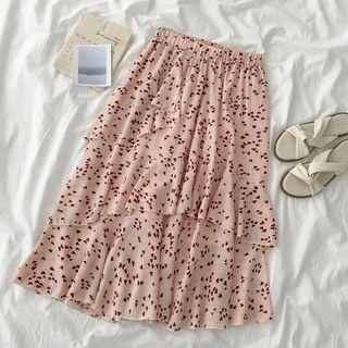 Heart Print Midi A-line Skirt Pink - One Size