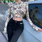 Long-sleeve Floral Print Cutout Cropped T-shirt Beige & Purple - One Size