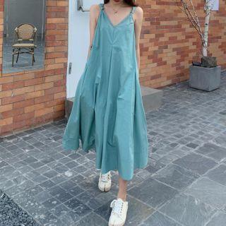 Spaghetti Strap Plain V-neck Midi A-line Dress