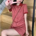 Short-sleeve Gingham Polo Bodycon Dress Plaid - Red - One Size