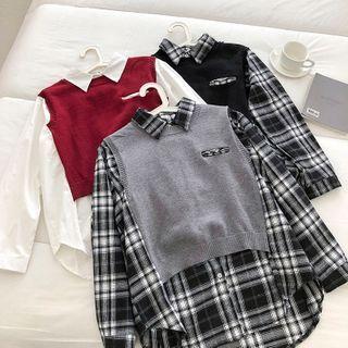 Mock Two-piece Color-block Plaid Panel Vest Shirt