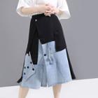 Chiffon Panel Denim Midi A-line Skirt Black - One Size