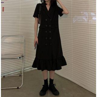 Double-breasted Short-sleeve Midi Dress Black - One Size