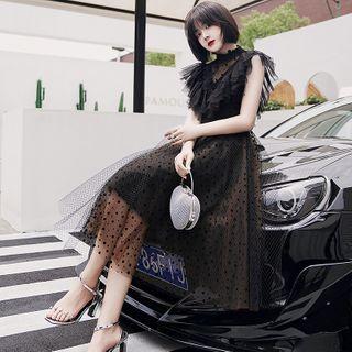 Stand Collar Ruffled Lace Panel Mesh Cocktail Dress