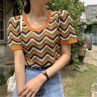 Short-sleeve Zigzag Pattern Knit Top Zigzag Pattern - Orange & Green - One Size