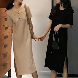 Side Slit Short-sleeve Midi Knit Dress