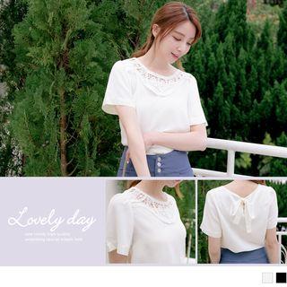 Lace-panel Tie-back Plain Short-sleeve Top