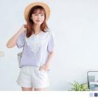 Lace Panel V-neck Short Sleeve Striped Top