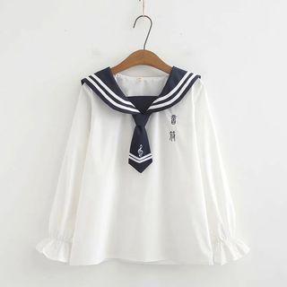 Long-sleeve Striped Trim Wide Collar Embroidered Top