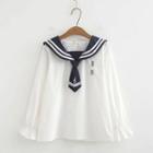 Long-sleeve Striped Trim Wide Collar Embroidered Top