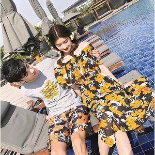 Couple Matching Printed Short Sleeve T-shirt / Floral Print Shorts / Off Shoulder Short Sleeve Midi Dress