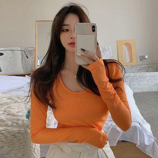 Long-sleeve U-neck Ribbed T-shirt