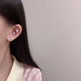 Set Of 2 Pairs: Rhinestone Stud Earring + Clip-on Earring Set Of 2 Pairs - Stud Earring & Clip-on Earring - Silver - One Size