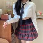 Plain Cropped Shirt With Tie / Plaid Pleated Mini Skirt