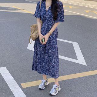 V-neck Floral Midi Dress Blue - One Size