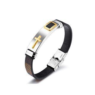 Fashion Classic Golden Cross Geometry 316l Stainless Steel Brown Leather Bracelet Silver - One Size