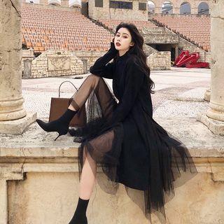 Mock Neck Slit Long Sweater / Midi Mesh Skirt