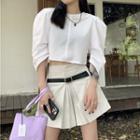 Elbow-sleeve Cropped Blouse / Mini A-line Skirt