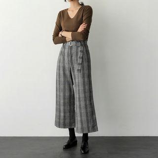 Checked Wide-leg Pants With Belt
