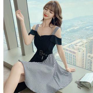 Cold Shoulder Striped Midi A-line Dress