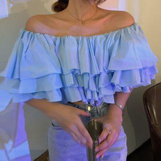 Ruffle Trim Short-sleeve Top Light Blue - One Size