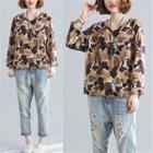 Leaf Print 3/4-sleeve Blouse Brown - One Size