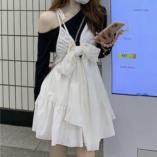 Asymmetrical Cold-shoulder Blouse / Spaghetti Strap Bow A-line Dress