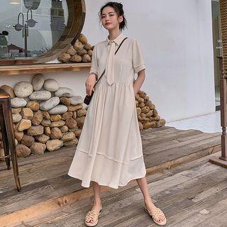Tie-neck Short-sleeve Midi A-line Dress