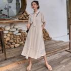 Tie-neck Short-sleeve Midi A-line Dress