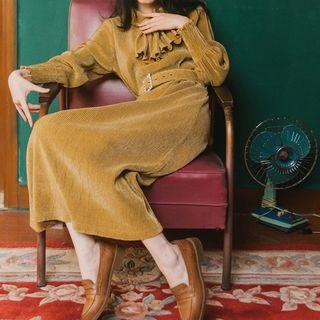 Balloon-sleeve Plain Midi A-line Dress