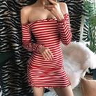 Striped Off-shoulder Long-sleeve Bodycon Dress
