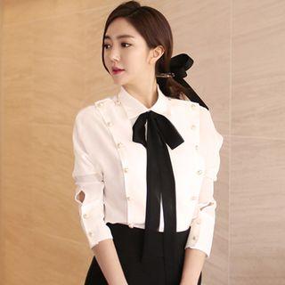 Button Detail Tie-neck Chiffon Shirt