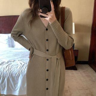 Long-sleeve Button-up Tie-waist Knit Sheath Dress