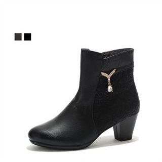 Genuine Leather Rhinestone Trim Ankle Boots