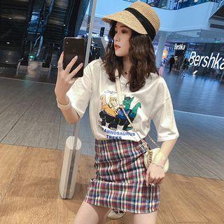 Set: Short-sleeve Tyrannosaur Print T-shirt + Plaid A-line Skirt