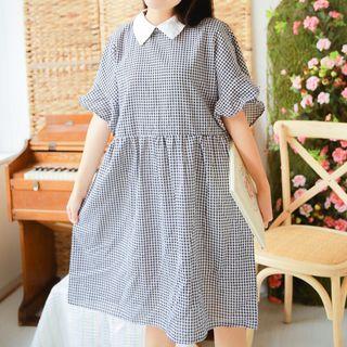 Check Elbow-sleeve A-line Dress Gingham - Black - One Size