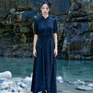 Puff Sleeve Bird Midi A-line Dress