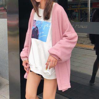 Long Sleeve Plain Cardigan Pink - One Size