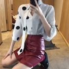 3/4-sleeve Dotted Blouse / Faux Leather Mini A-line Skirt