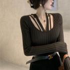 Long-sleeve V-neck Plain Slim-fit Knit Top Coffee - One Size