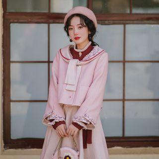 Floral Embroidered Sailor Collar Wool Coat