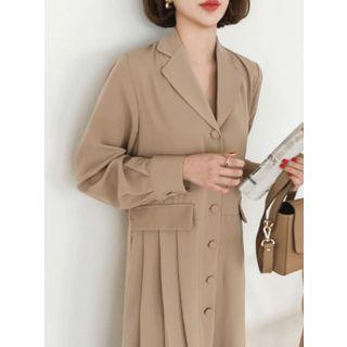Balloon-sleeve Flap Pleated Long Coatdress