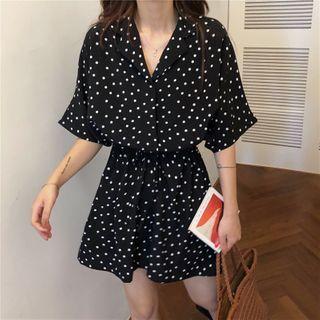 Short-sleeve Dotted Jumpsuit As Shown In Figure - One Size