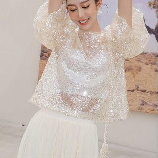 Puff-sleeve Sequined Mesh Top