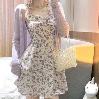 Ribbed Knit Cardigan / Spaghetti Strap Flower Print Mini A-line Dress