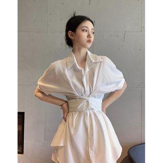 Set Of 2 : Puff-sleeve Lace-up Strap Long Top + Wide-leg Shorts